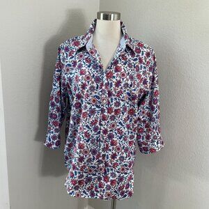 Chaps Womens Plus 1X No Iron Floral Print Button Up Shirt 3/4 Sleeve Blouse